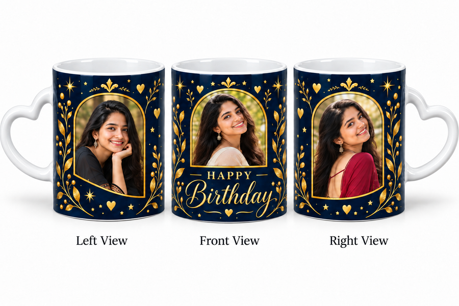 Three photo birthday love mug โ Left View, Front View and Right View