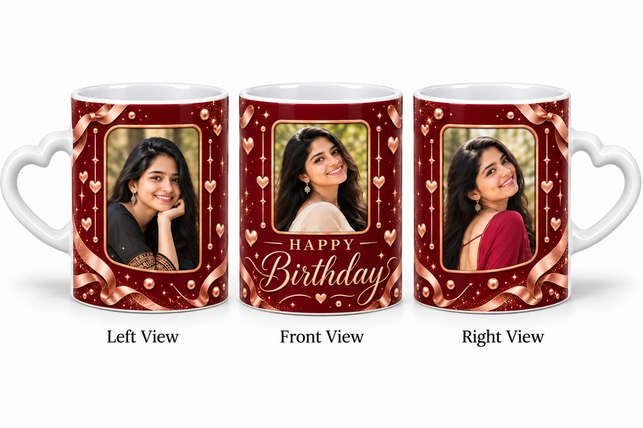Three photo birthday love mug โ Left View, Front View and Right View