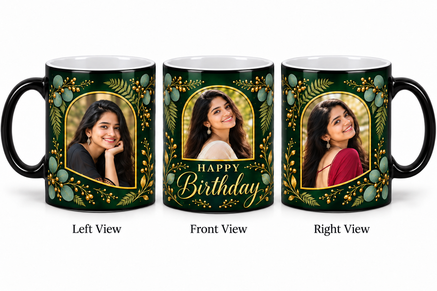 Three photo birthday magic mug โ Left View, Front View and Right View