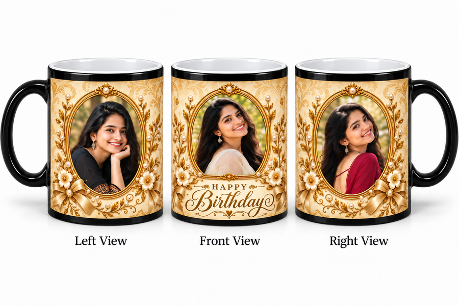 Three photo birthday magic mug โ Left View, Front View and Right View