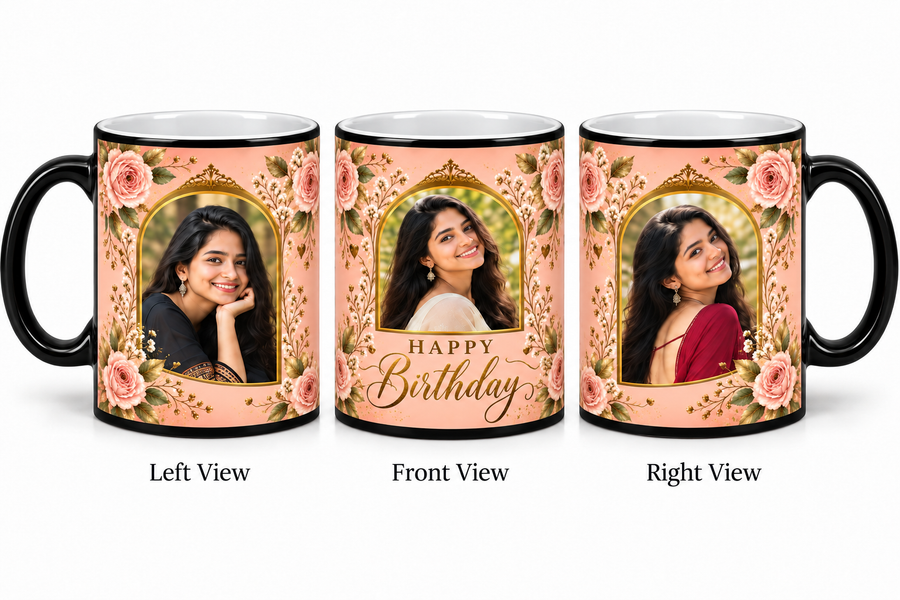 Three photo birthday magic mug โ Left View, Front View and Right View
