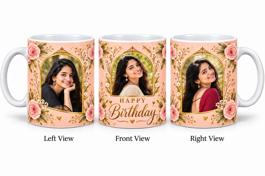Three photo birthday normal mug โ Left View, Front View and Right View