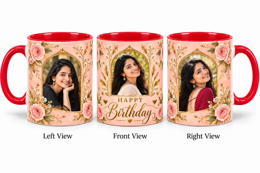 Three photo birthday red mug โ Left View, Front View and Right View