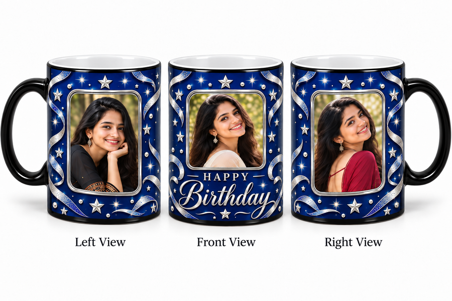 Three photo birthday magic mug โ Left View, Front View and Right View