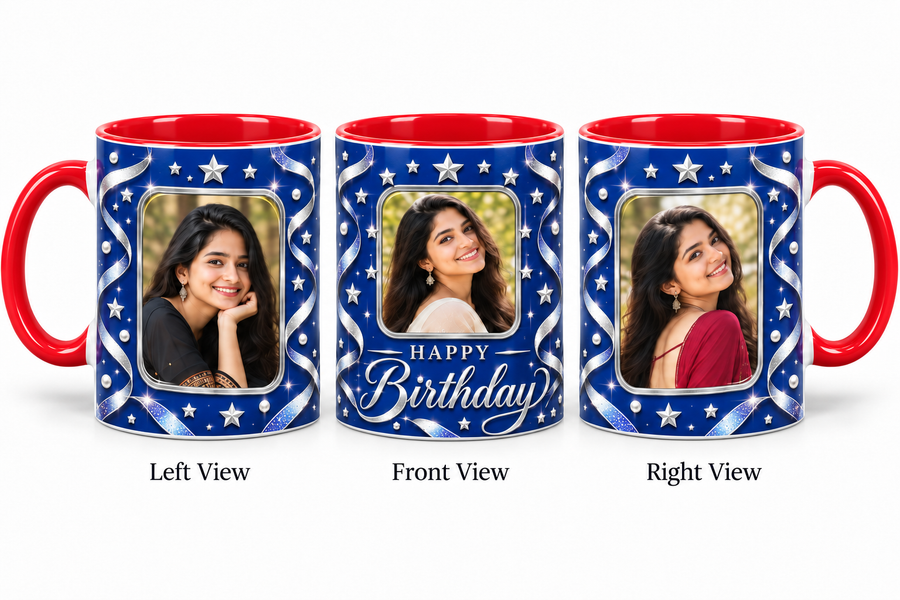 Three photo birthday red mug โ Left View, Front View and Right View