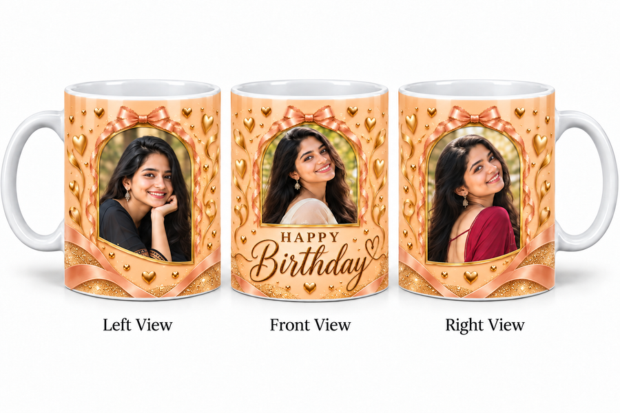 Three photo birthday normal mug โ Left View, Front View and Right View
