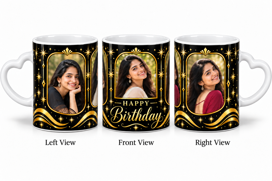 Three photo birthday love mug โ Left View, Front View and Right View
