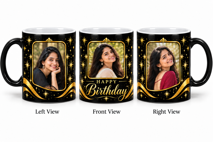 Three photo birthday magic mug โ Left View, Front View and Right View