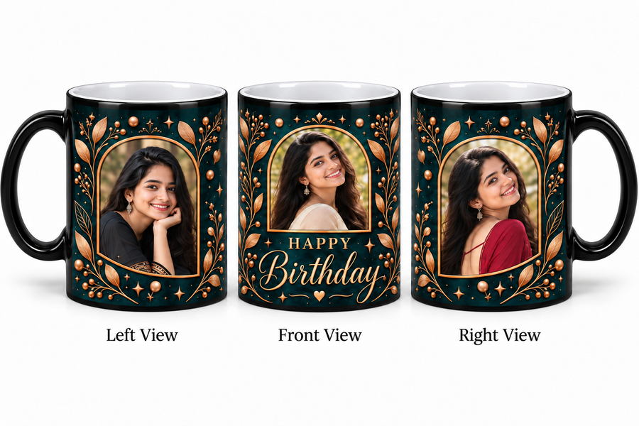 Three photo birthday magic mug โ Left View, Front View and Right View