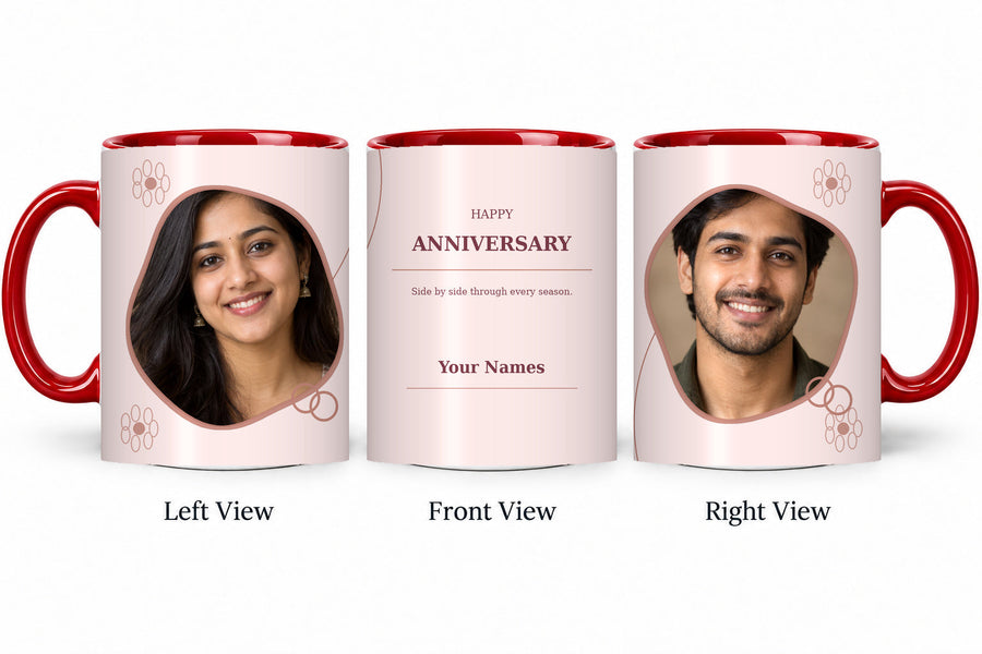 CW-AN-104 red anniversary mug in three views