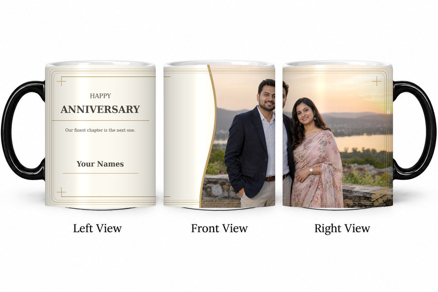 CW-AN-105 magic anniversary mug in three views