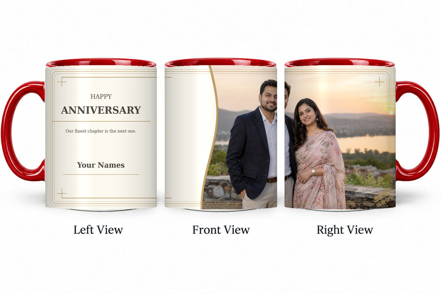 CW-AN-105 red anniversary mug in three views
