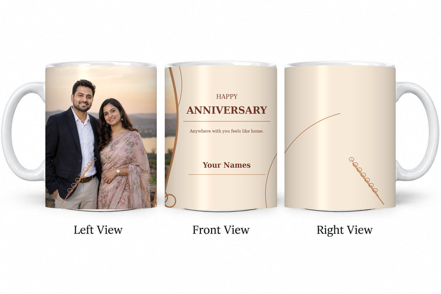 CW-AN-107 normal anniversary mug in three views