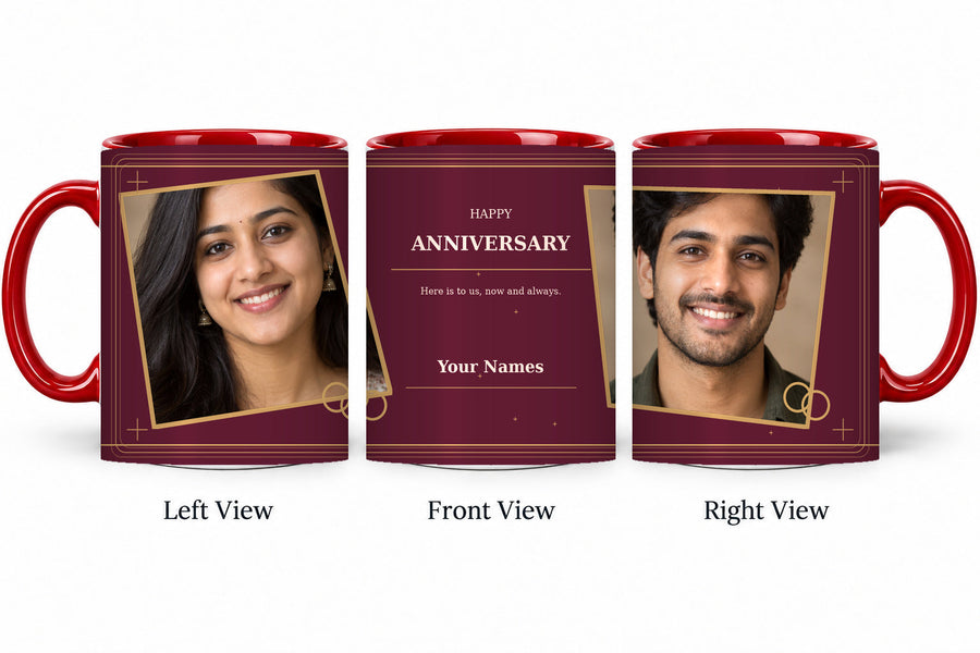 CW-AN-110 red anniversary mug in three views