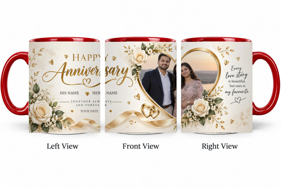 Personalized Elegant Gold Heart Anniversary Mug – Inner Colour Red Mug shown on mug, left front and right views