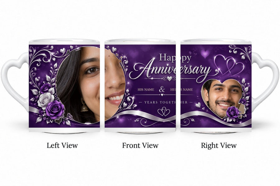 Personalized Purple Royal Romance Anniversary Mug – White Love Handle Mug shown on mug, left front and right views
