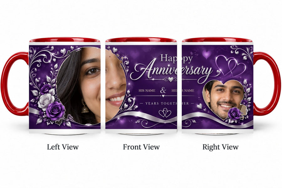 Personalized Purple Royal Romance Anniversary Mug – Inner Colour Red Mug shown on mug, left front and right views