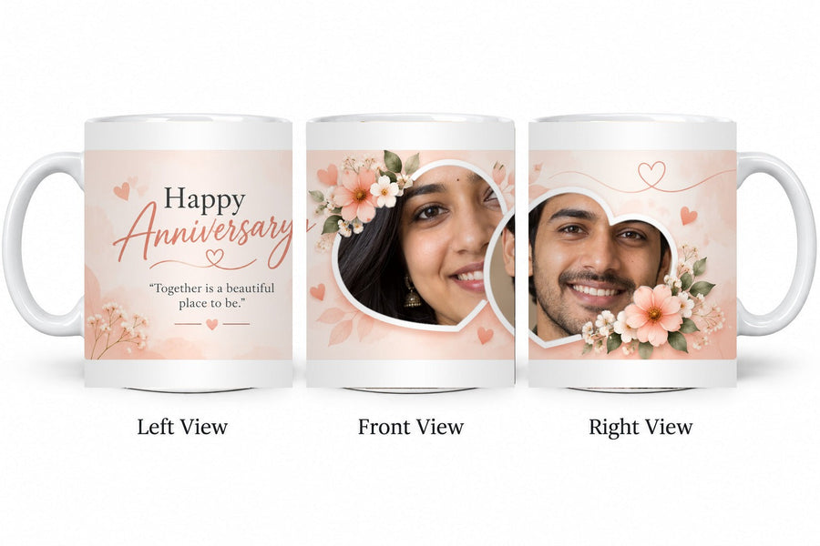 Personalized Peach Floral Hearts Anniversary Mug – Classic White Mug shown on mug, left front and right views