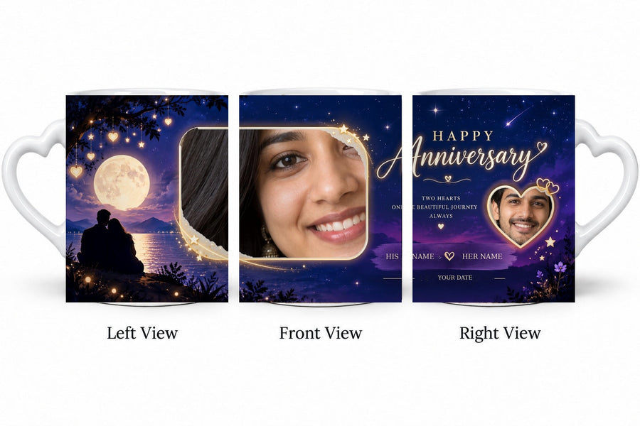 Personalized Moonlit Love Anniversary Mug – White Love Handle Mug shown on mug, left front and right views
