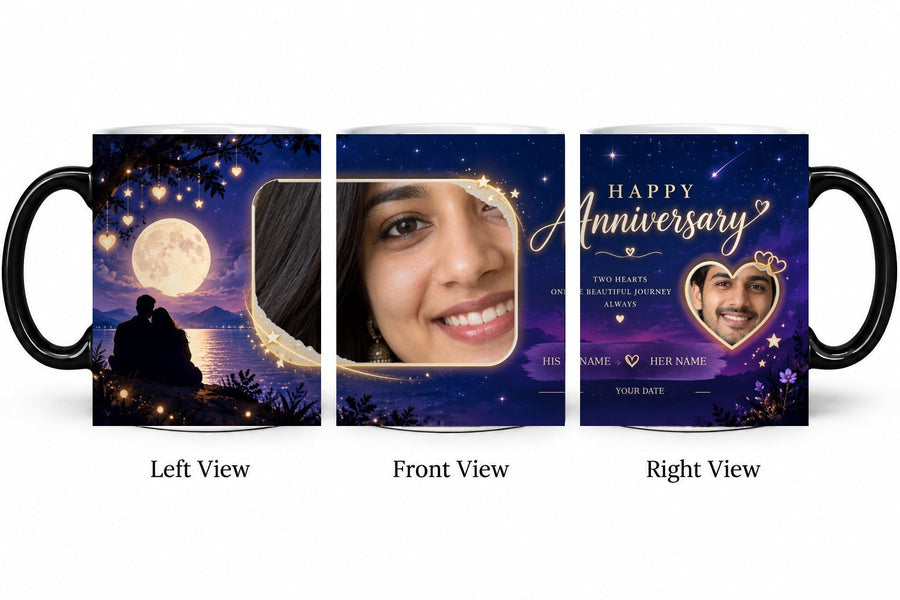 Personalized Moonlit Love Anniversary Mug – Magic Hot Water Reveal Mug shown on mug, left front and right views