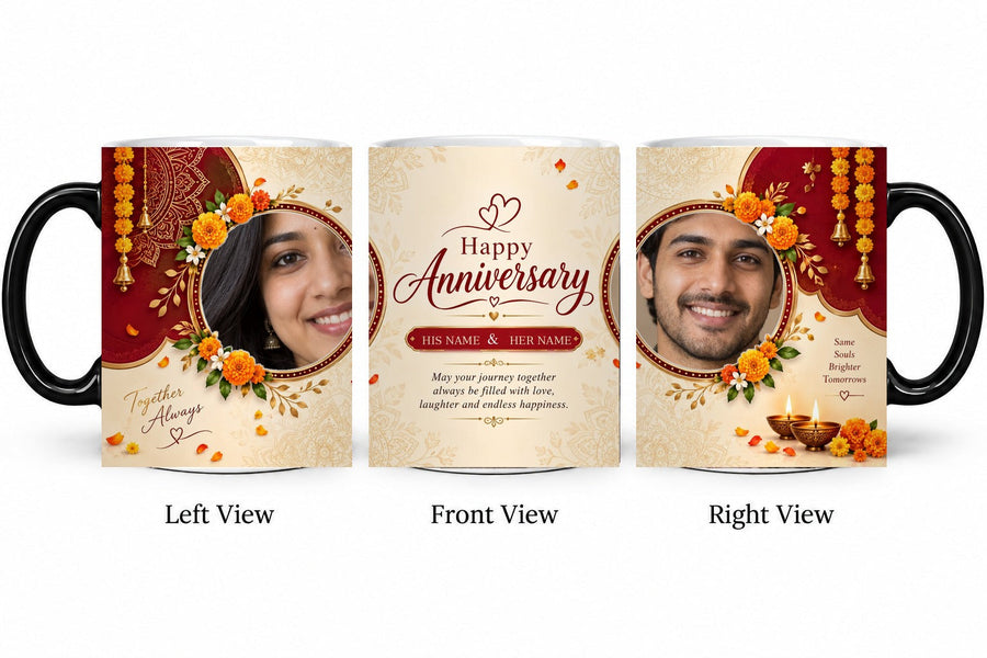 Personalized Marigold Celebration Anniversary Mug – Magic Hot Water Reveal Mug shown on mug, left front and right views
