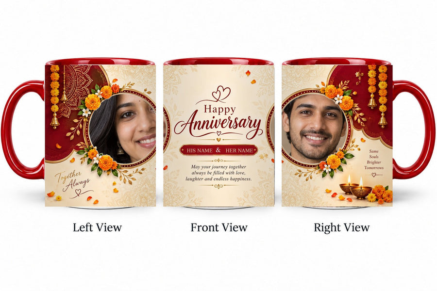 Personalized Marigold Celebration Anniversary Mug – Inner Colour Red Mug shown on mug, left front and right views