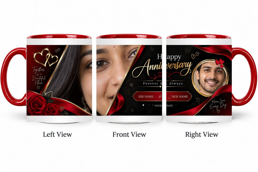 Personalized Crimson Gold Vows Anniversary Mug – Inner Colour Red Mug shown on mug, left front and right views