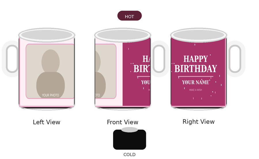 CW-BD-003 Magic Hot Water Reveal Birthday Mug – Left Front Right Views