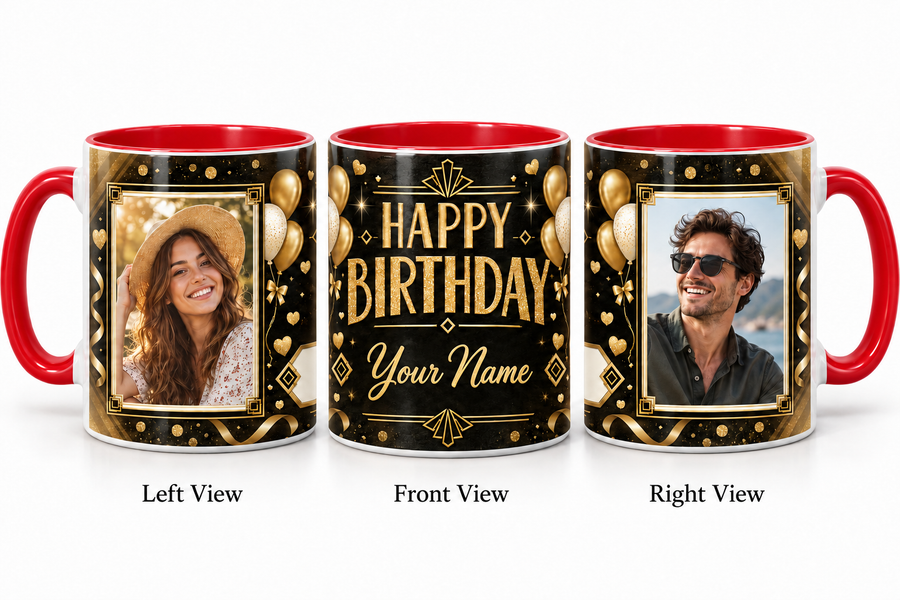 Personalized Black Gold Luxury Two Photo Birthday Mug – Inner Colour Red realistic three-view mockup
