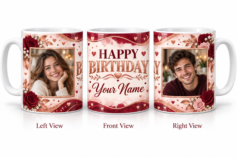 Burgundy Rose Gold personalized two photo birthday classic white mug
