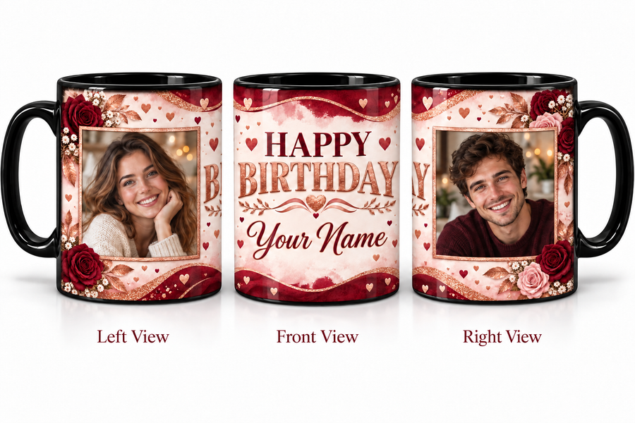 Burgundy Rose Gold personalized two photo magic birthday mug