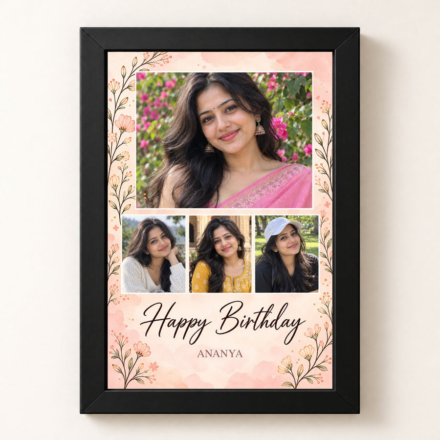 Blush Memories Birthday Photo Frame in a black frame with edge-to-edge 2:3 artwork