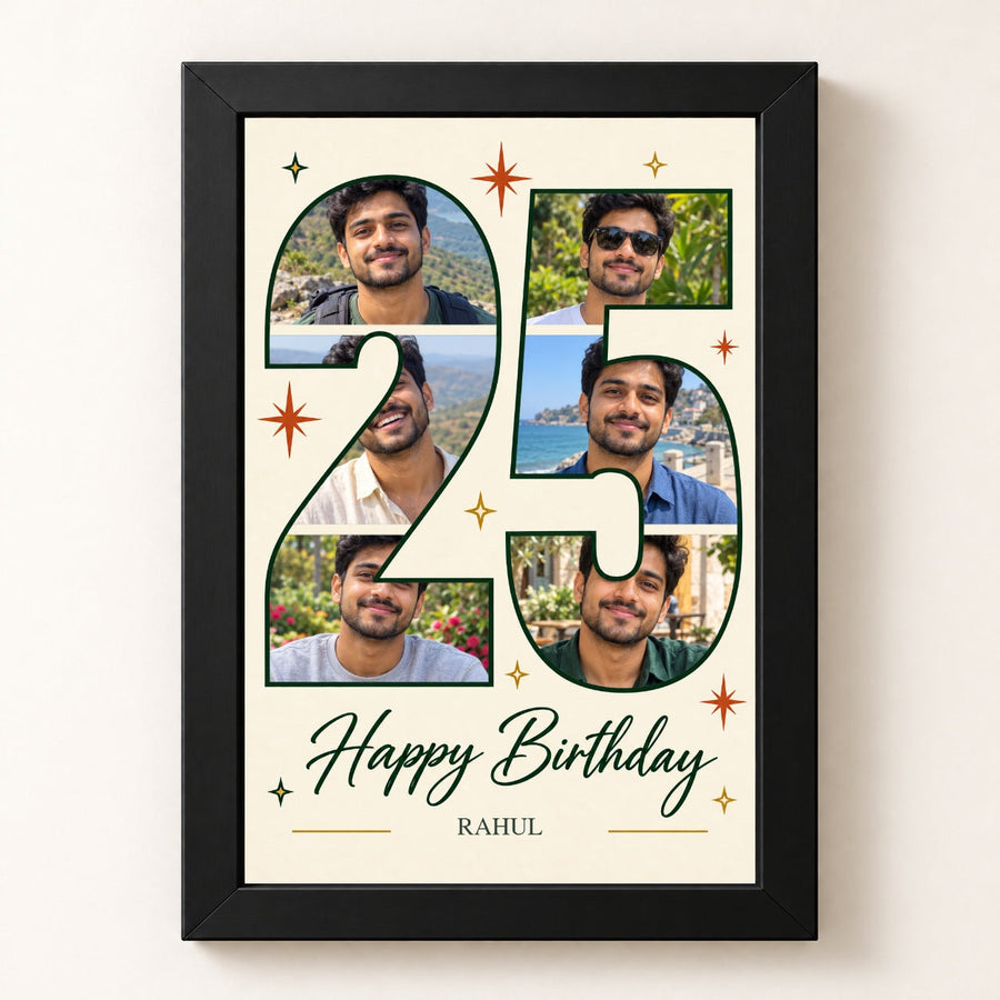 Milestone 25 Birthday Photo Frame in a black frame with edge-to-edge 2:3 artwork