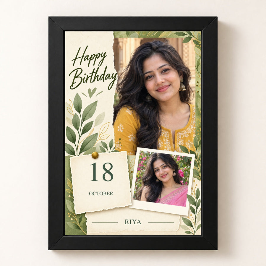 Birthday Date Botanical Photo Frame in a black frame with edge-to-edge 2:3 artwork