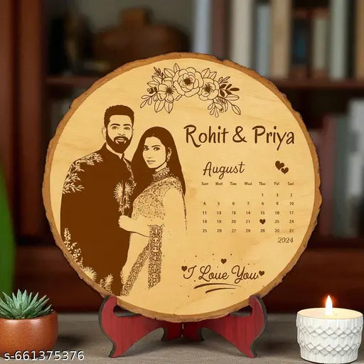 Cartwala Engraved Couple Photo Calendar Wooden Plaque
