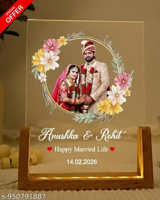 Cartwala Floral Wedding Photo LED Lamp with Wooden Base