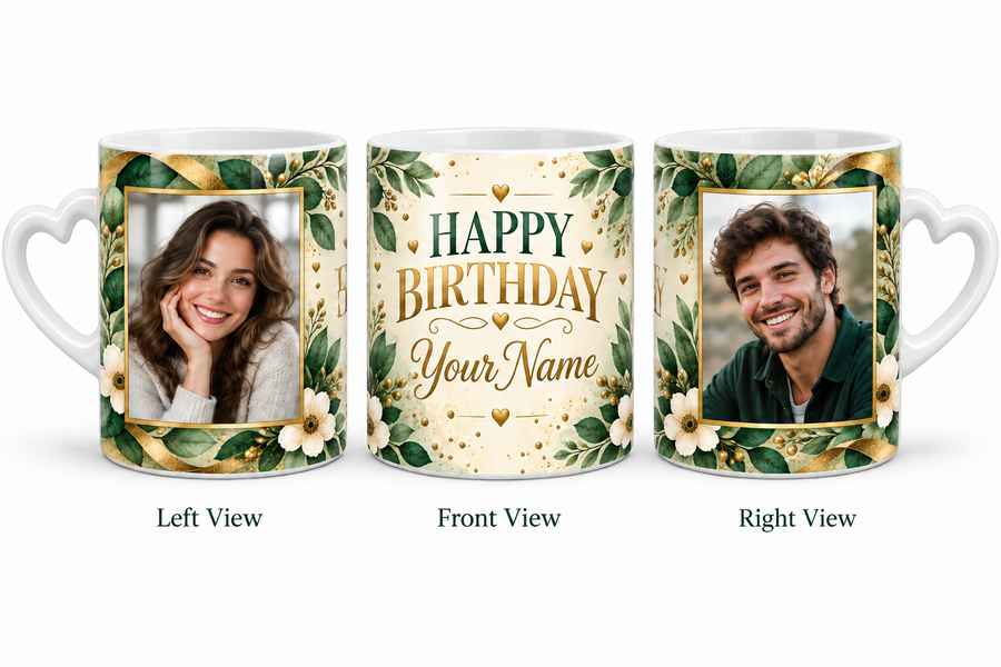 Green Botanical personalized two photo birthday white love handle mug