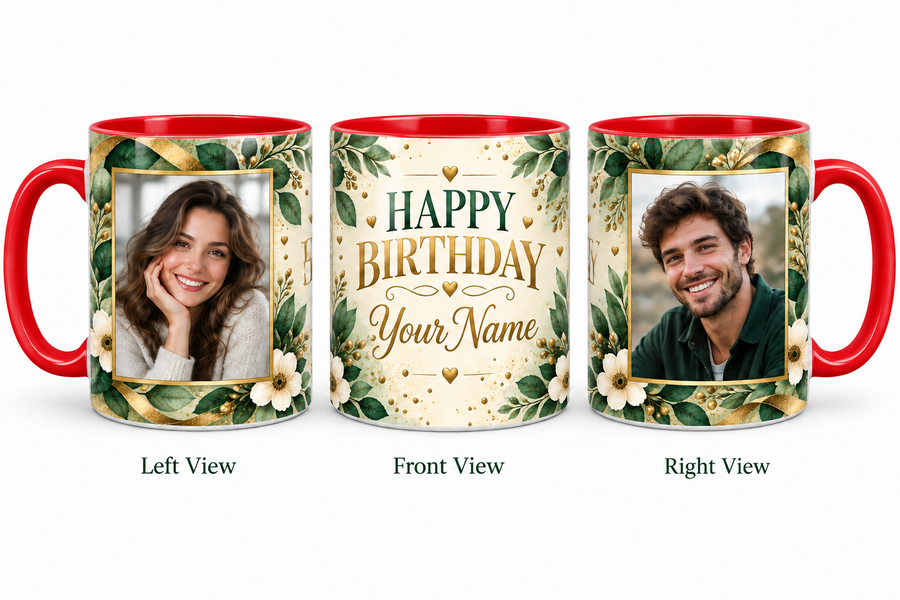 Green Botanical personalized two photo birthday red inner colour mug