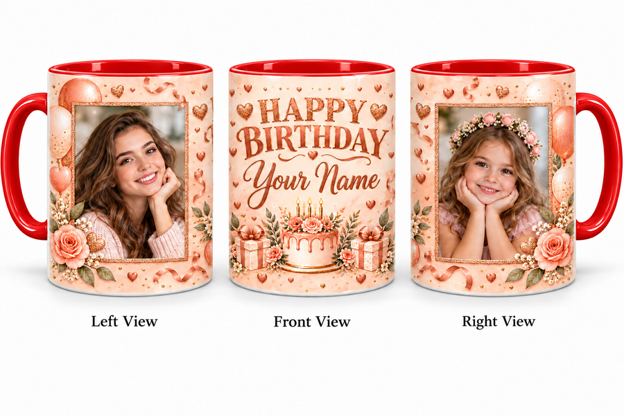 Peach Gold Celebration personalized two photo birthday red inner colour mug