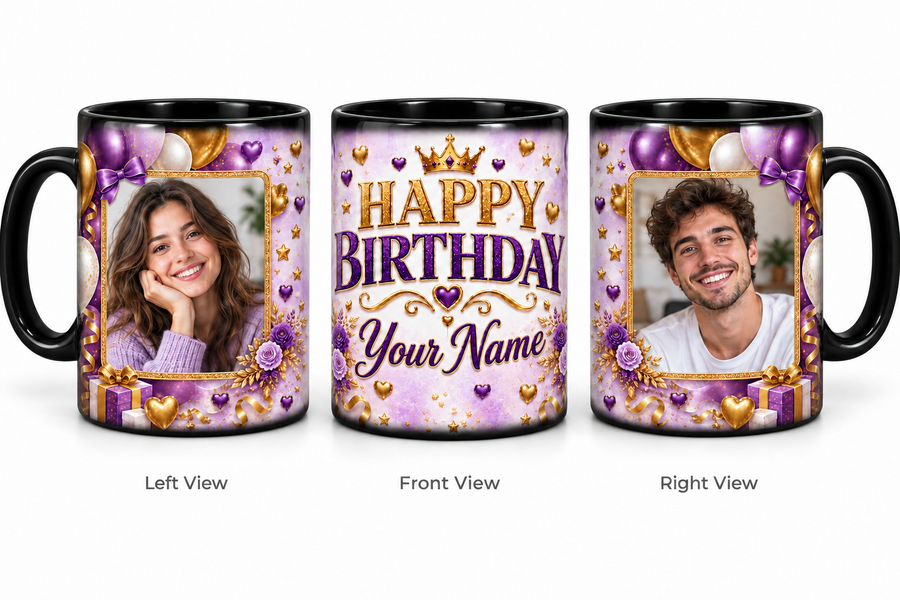 Purple Party personalized two photo magic birthday mug