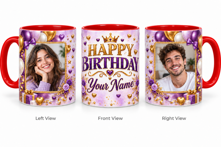 Purple Party personalized two photo birthday red inner colour mug