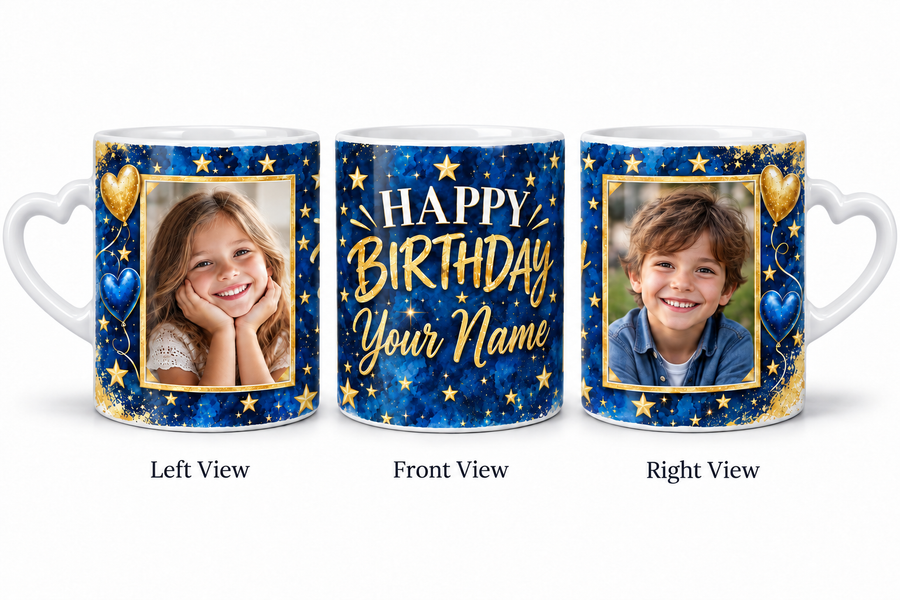 Royal Blue Gold personalized two photo birthday white love handle mug