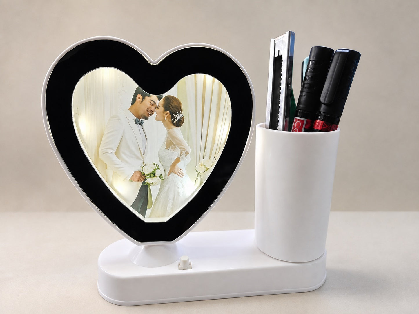 Personalised Heart Shape Magic Mirror Photo Frame with Pen Stand - Cartwala