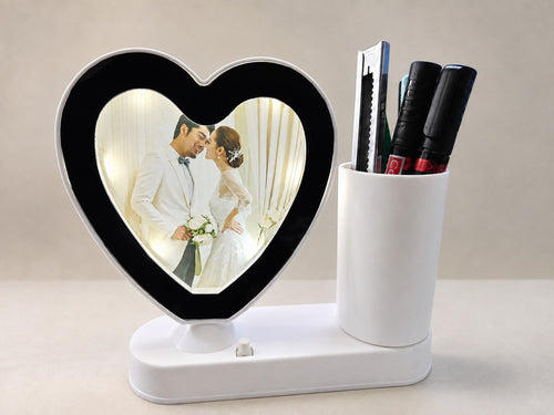 Personalised Heart Shape Magic Mirror Photo Frame with Pen Stand - Cartwala