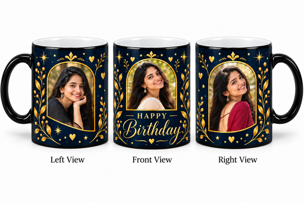 Three photo birthday magic mug – Left View, Front View and Right View