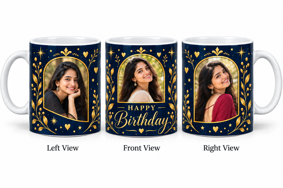 Midnight Navy Gold three photo birthday classic white mug – Left View, Front View and Right View