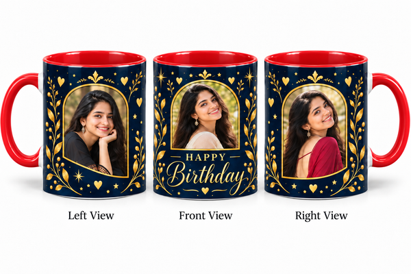 Three photo birthday red mug – Left View, Front View and Right View