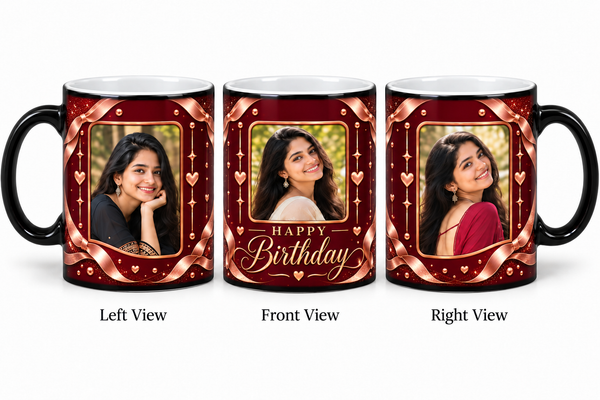 Three photo birthday magic mug – Left View, Front View and Right View