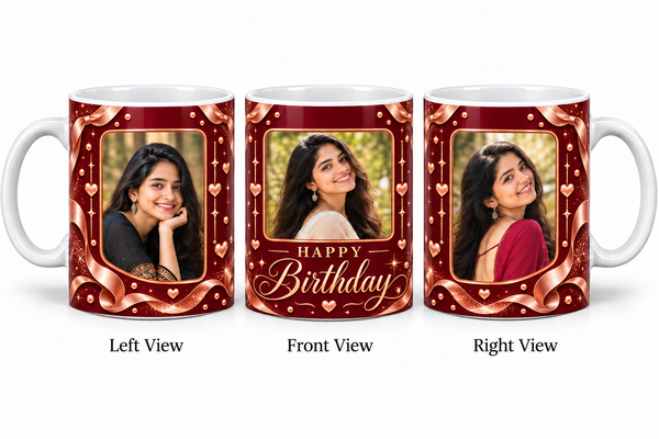 Three photo birthday normal mug – Left View, Front View and Right View