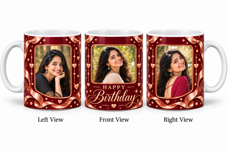 Three photo birthday normal mug – Left View, Front View and Right View
